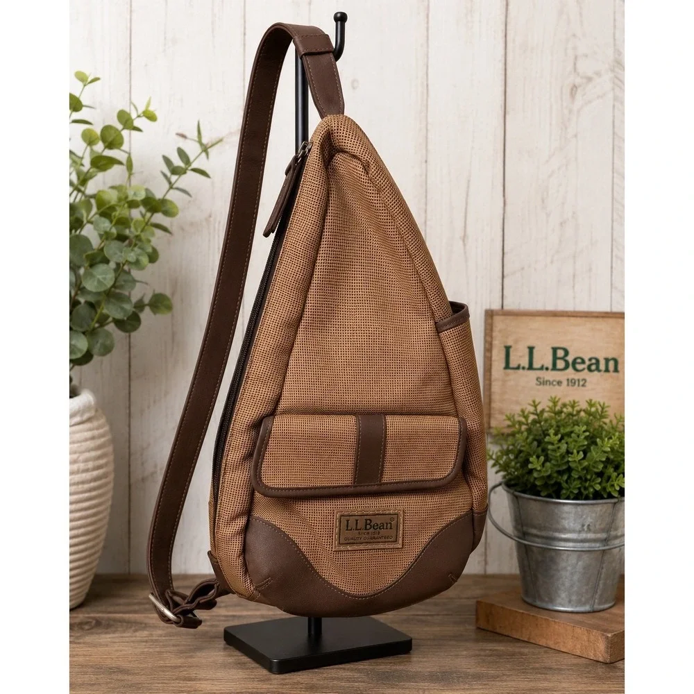 LL Bean Crossbody Sling Bag Tan Brown Leather Trim Teardrop Backpack 0FVJ5